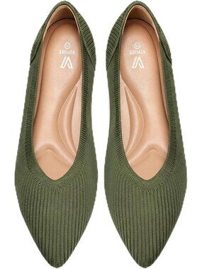 Women's Green Pointed Toe Comfort Foldable Slip On Dressy Knit Ballet Flat Shoes